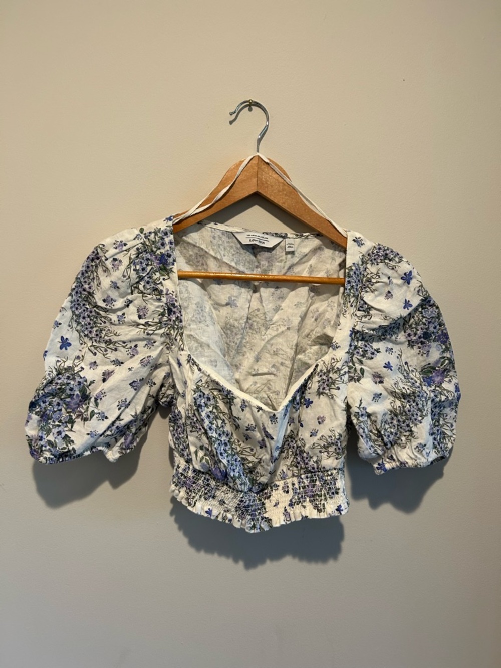 & Other Stories White Floral Linen Puff-Sleeve Crop Top